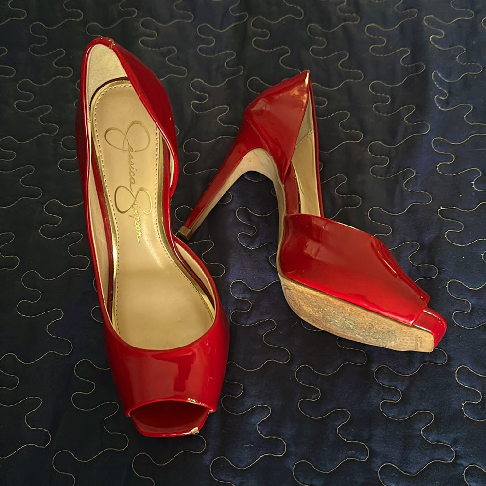 Red open toe pumps size 6